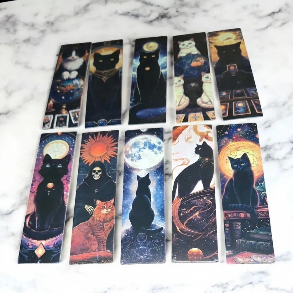10pc Mystical Cat Tarot Bookmark Set Gothic Celestial Black Cat Reading Markers